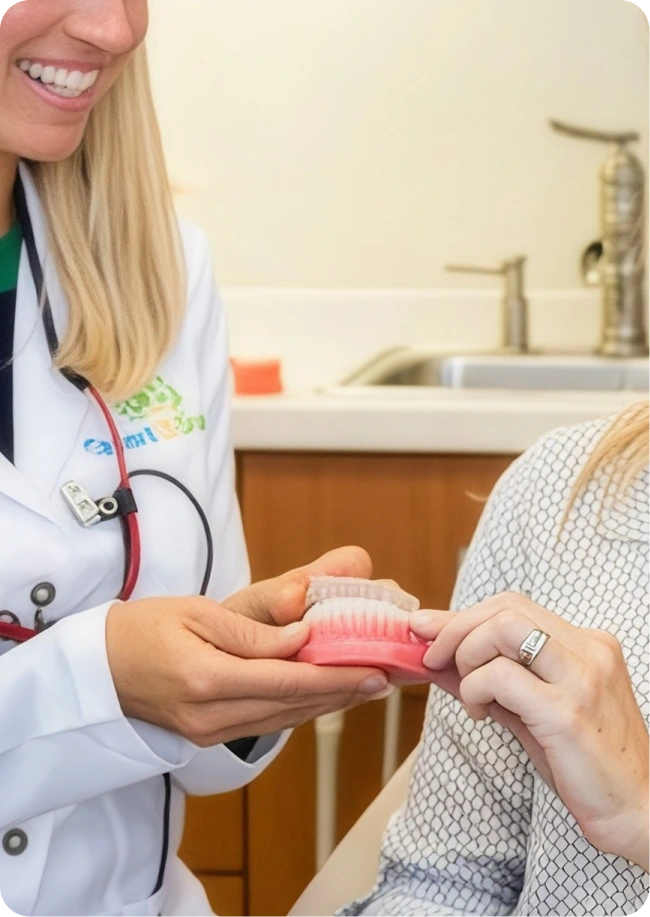 Dental provider showing a patient a pink orthodontic aligner in a treatment room
